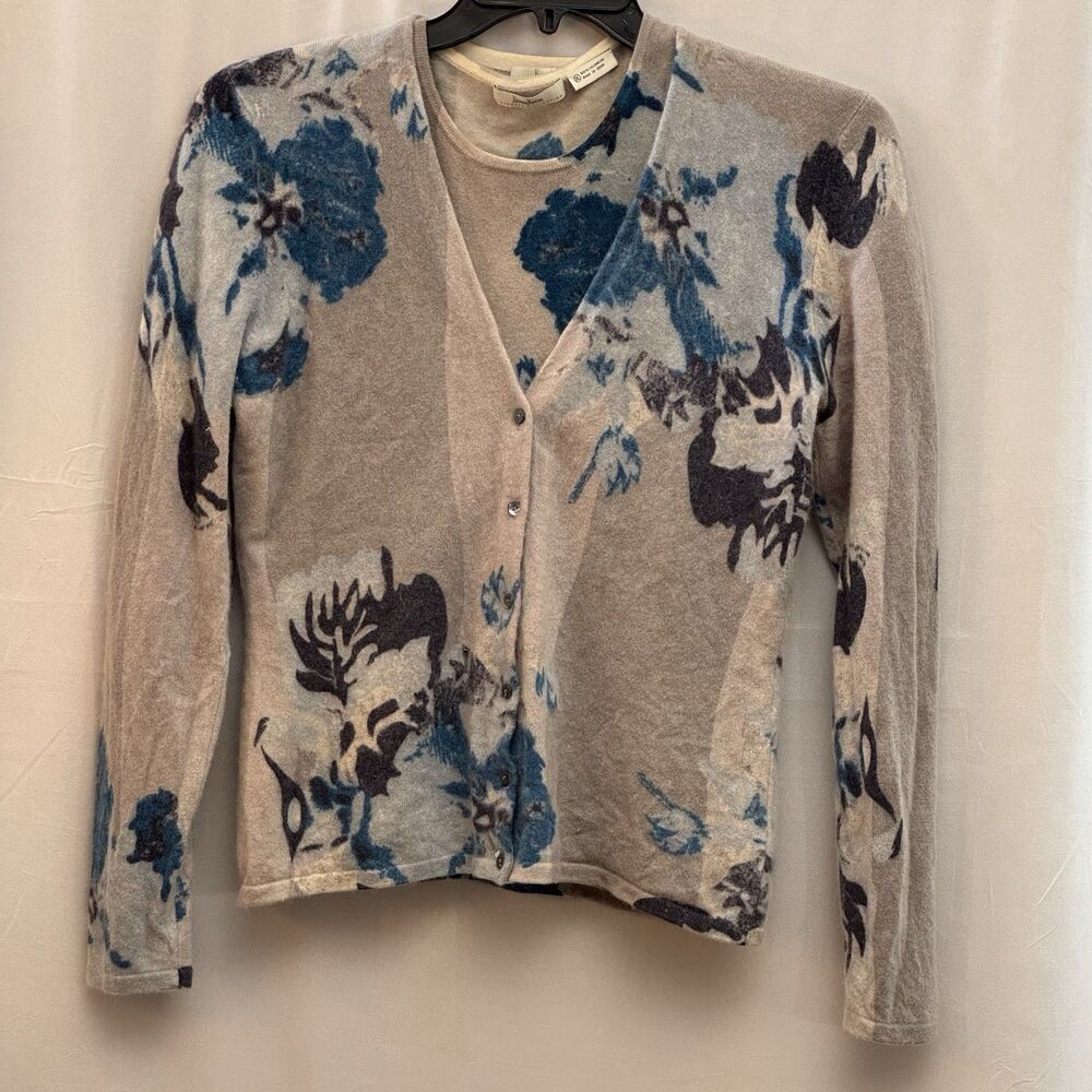 Neiman Marcus 100% Cashmere Twin Set XL Blue Gray Floral Cardigan Sweater Set